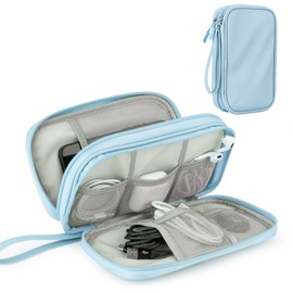 Leather Travel Electronic Organizer - Double Layer, Waterproof Case for Cables, Chargers, Phones & More - Portable, Shockproof Pouch for All Your Electronics Accessories (Light Blue, M)
