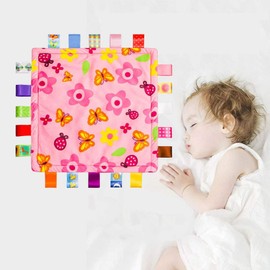 Pink Baby Girl Tags Security Blanket Colorful Ribbon Satin Taggy Blanket Soft Square Appease Towel Plush Comforter Taggie Blankie, Shower Gift for Baby