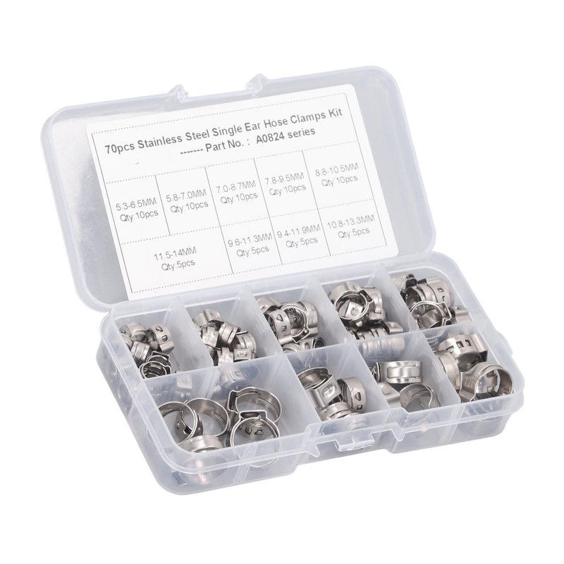 70Pcs Single Ear Hose Clamp Kit Stainless Steel Stepless 9