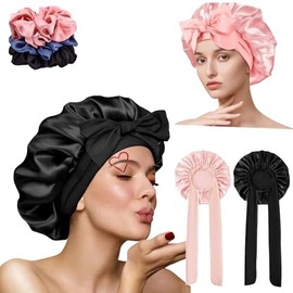 Gorro de Pelo Rizado de Satén,2 Piezas Gorro de Dormir de Seda Ajustable,Viene con 2 PCS Diademas de Satén,Gorro De Dormir Suave Satinado Reutilizable y Cómodo con Banda Elástica Ancha (Negro y rosa)