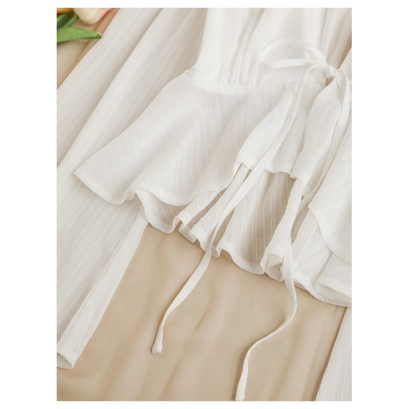 Floerns Women's Sheer Tie Front Flowy Sleeve Blouse Asymmetrical Ruffle