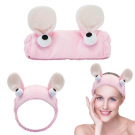 CHEERYMAGIC Face Wash Headband Pink Bunny Ears Hair Bands Funny Cute Makeup Headbands Coral Fleece Elastic Headband for Women Girls, Washing Face Shower Sports Beauty Skincare A11TFG