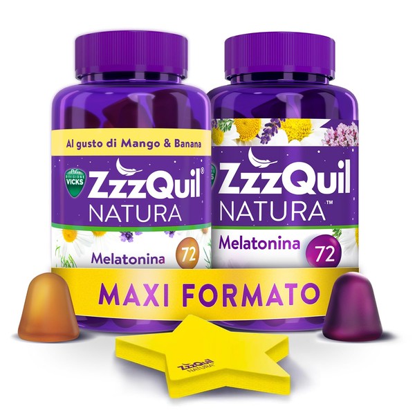 ZzzQuil Natura Supplement with Pure Melatonin and Valerian Extracts for Sleeping, Chamomile and Lavender, Maxi Size 2 x 72 Gummy Tablets