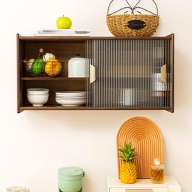 HollyHOME Small Bamboo Wall Mounted Kitchen Pantry Sideboard with 2 Doors and Adjustable Shelves, Coffee Wine Bar Storage Cabinet for Liquor and Glasses, Dining Cupboard for Bottle, Dish, Walnut