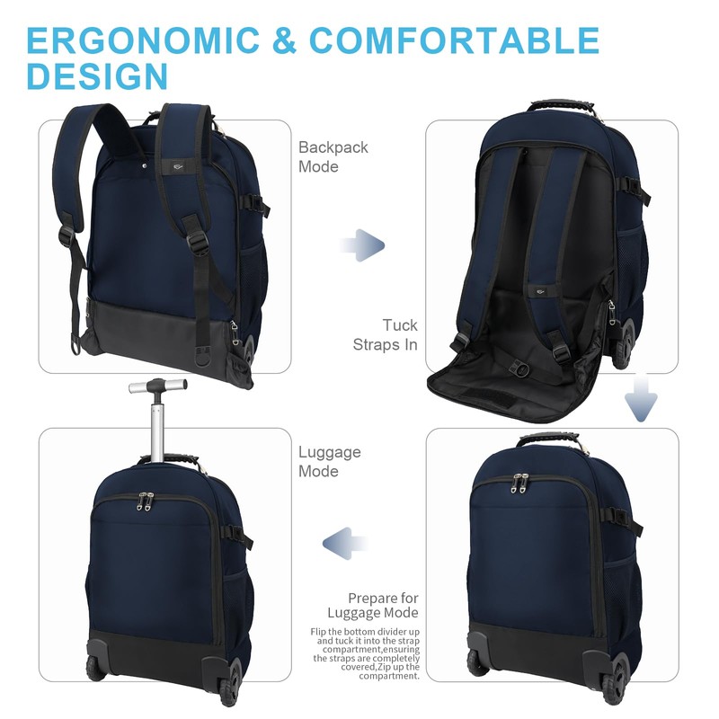 SWICKY RICOOI Backpack with wheels,rolling backpack with 2 Packing Cubes,compression