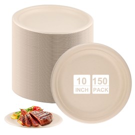 150 Pack Compostable Heavy Duty Plates 10 Inch,Bagasse Natural Biodegradable Eco-Friendly Sugarcane Plates Disposable Bamboo Paper Plates for Party Dinner Sugarcane Fibers Round Plates(Brown)