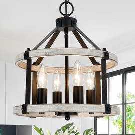 4-Light Farmhouse Chandelier, 12.5 Inch Rustic Black and Vintage Wood Finish Chandeliers for Dining Room Light Fixture, Adjustable Height Hanging Light for Kitchen Island, Entryway, Indoor