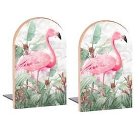 Tropical Leaves Plants Flamingos Book Ends Decorative Wood Bookends for Shelves Kids Room Desk Home Office Book Stoppers for Magazines,Books, DVDs, 1 Pair/2 Pieces(5x3.1 in)