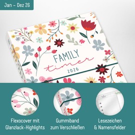 Häfft Family-Timer 2026 A5+ "Wild Flower" Family Calendar for 4 People, Family Planner 12 Months: Jan to Dec 26, Family Organiser - Sustainable & Climate Friendly