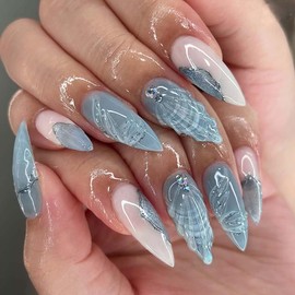 Blue Mermaid Press on Nails Medium Almond Fake Nails - Handmade False Nails Press ons with Shell,Rhinestone Design - Reusable Acrylic Nails Glossy Full Cover Stick on Nails for Women Manicure 24 Pcs