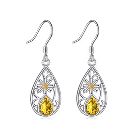 Daisy Earrings for Women 925 Sterling Silver Flower Earrings with Citrine Daisy Earrings Flowers Jewellery Gift for Girls, Sterling Silver, Citrine