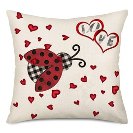 Doitely Red Ladybug Pillow Cover Red Love Hearts Valentine's Day Throw Pillow Case Cotton Linen Square Cushion Cover Sofa Couch Home Valentine's Day Decorations 18x18 Inches