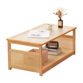 Tiita Coffee Tables for Living Room，Mid Century Modern Storage 2-Tier Coffee Tables，Rattan Glass RectangleTables，Suitable for Living Room Apartment，Wood