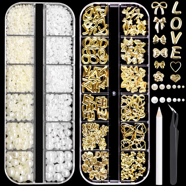 RODAKY 2 Boxes Gold Nail Charms and Flatback Pearls,Bow Charms