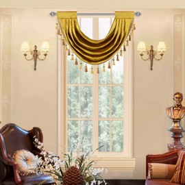 VOGOL Super Soft Retro Velvet Valance, Gold Vintage Style Light Filteing Swag Valance with Tassels, 1 Panel Decoratuve Rod Pocket Waterfall Valance for Office, (Yellow, W26)