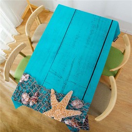 Swono Beach Table Cloth Tropical Fish Net Seashells Starfish Blue Wood Rectangle Tablecloth Picnic Table Cover BBQ Table Cloths Polyester for Kitchen Camping BBQ 50x72 Inch