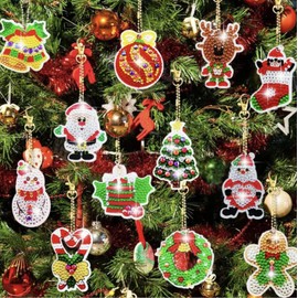 Syntego 12 Pcs 5D DIY Assorted Cute Christmas Diamond Art Keyrings by Numbers Kit for Adults & Beginners, Double Sided Rhinestone Craft Pendant