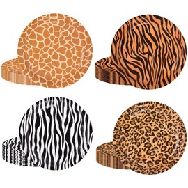 Pack of 64 Safari Plates 9 Inch with Animal Print,Plates with Leopard Print, Zebra Print, Tiger Print, Giraffe Print for Kids Birthday Party, Baby Shower, Jungle Safari Theme Party Supplies