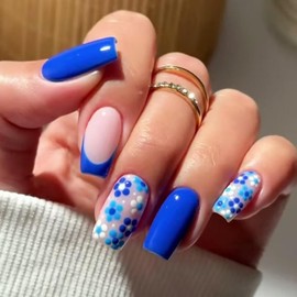 Blue Press on Nails Short Square Fake Nails Flower False Nails with Design Glossy Glue on Nails Reusable Artificial Acrylic Nail Nude Stick on Nails for Women Manicure 24Pcs'