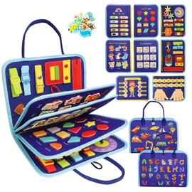 MAJAVI Busy Book for Toddlers 1-3, Montessori Toys Busy Board for 1 2 3 4 Year Old Boy Girl Birthday Gift - 5 in 1 Quiet Activity Book with Life Skills, Cognition, Sorting, Matching, Blue