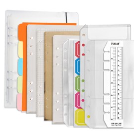 DY.2ten A6 Notebook Refills, 80 Pieces, 6 Hole Rings, Binders, PP, Loose Leaf, Clear Pockets, Zipper Pockets, Card Pockets, Color Indexes, Bookmarks, Sticky Notes, Squared, Horizontal Ruled, Blank,