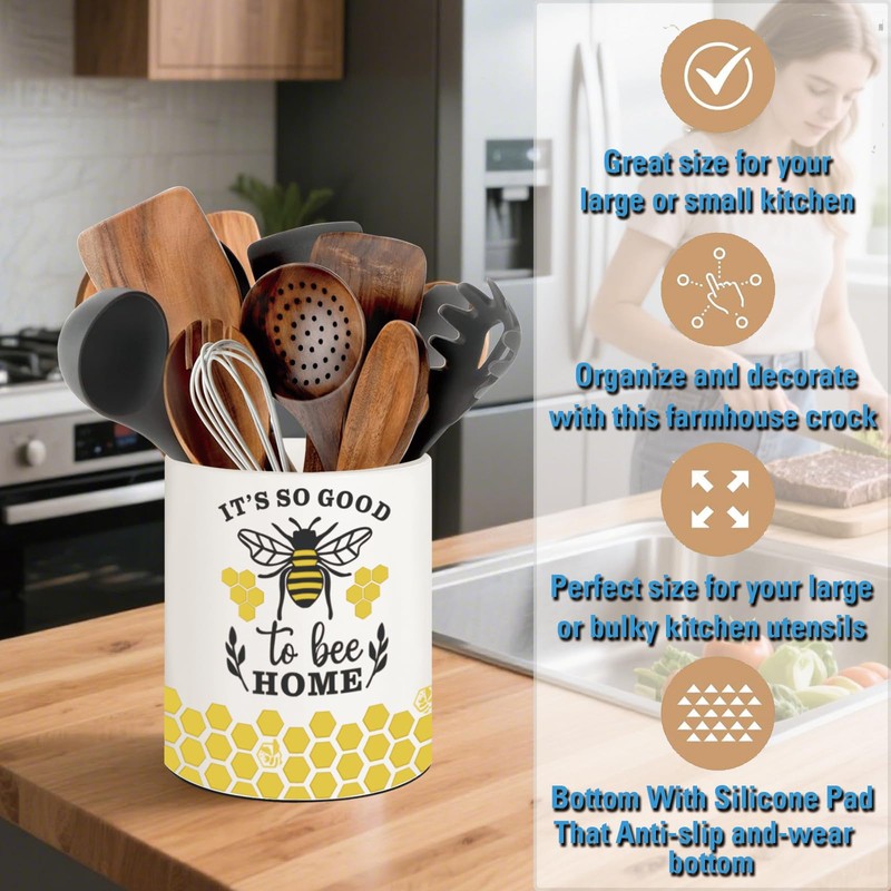 BOXJINCO Bee Kitchen Decor, 6.5inch Ceramic Utensil Holder with Bee
