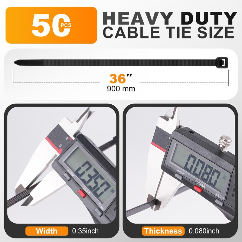 36 Inch Zip Ties, 200LBS,0.35In Thick, 50Pack,Black Cable Ties