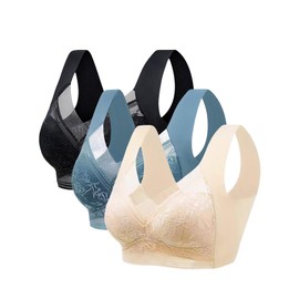 Meihejia 3pcs Set Wireless Bras for Women Floral Contrast Lace Comfy & Breathable Full Coverage Support Women's Bras for Everyday Wear, Black+Skin+Blue, XX-Large