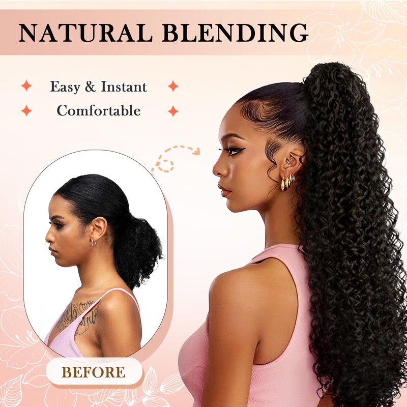 28inch Drawstring Ponytail Extension,Black Hair Extensions For Women,Long Curly Ponytail
