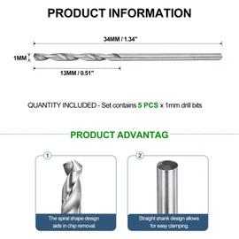 METALLIXITY Drill Bit (1mm) 5Pcs, 4241 High-Speed Steel Straight Shank 118° Uncoated Bright Finish Drill Bit for Wood Plastic Iron Copper Aluminum Low Soft Metal
