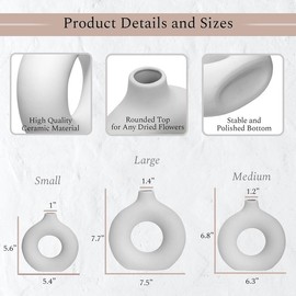 Set of 3 White Ceramic Vase with 65 PCS Dried Pampas Grass Flowers Aesthetic Boho Modern Small Round Cute Vases for Decor Living Room Coffee Table Shelf Bedroom Office Desk Home Gifts Women Mom