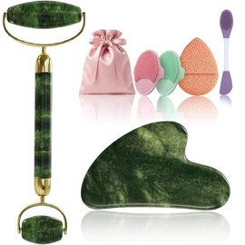 Rena Chris Gua Sha y juego de rodillos faciales: herramientas para el cuidado de la piel facial con cepillo de limpieza facial, 2 almohadillas de sili