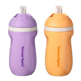 Tommee Tippee Insulated Sporty Spill-Proof Straw Cup, 12 Months+, 9oz, Toddler Training Sippy Cup, Sporty Carry Handle, Bite Resistant Spout, Flip Lid Keeps Straw Clean, Pack of 2, Purple and Orange