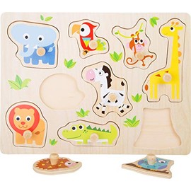 Small Foot Sturdy Wooden Puzzle with Eight Cute Zoo Animals for Children from 12 Months 4763, Multicoloured