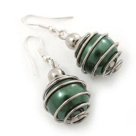Dark Green Faux Pearl Drop Earrings/Silver Tone/ 4cm Long