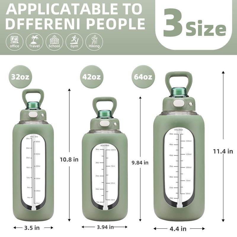 SIEROZUR 64 oz Glass Water Bottle with Straw and Handle