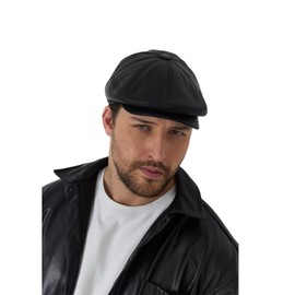 Genuine Leather Newsboy Cap, Black, Genuine Lambskin Leather Ivy Peaked Golf Cabbie Hat (CA/US, Alpha, One Size, Black)
