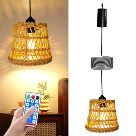 BORDEAG Rattan Lamp, Boho Lamp, Pendant Lamp with Remote Control, E27 Pendant Light, Ceiling Lamp, Hanging 1 m Textile Cable, Suitable for Bedroom, Restaurants and Outdoor Areas