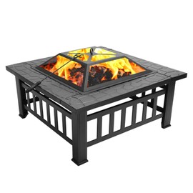 Petgin 32 inch Outdoor Square Metal Firepit Backyard Patio Garden Stove Wood Burning BBQ Fire Pit with Grilling Net,with Dust Cover, with Poker Four-Corner Brazier