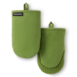 KITCHENAID Gourmet Series Gridlines Mini Oven Mitts 2-Pack Set, Heat Resistant up to 600°F, Soft Silicone Grip, Magnetic Cuff, Matcha Green, 5.5"x9"
