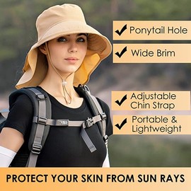 NEWKIBOU Sombrero de Sol para Mujer con UPF50+ | Plegable y Ajustable | Protección Cuello y Cola de Caballo | Sombrero Ancho para Playa, Senderismo, Viajes | Incluye Cordón Antiviento (Caqui)