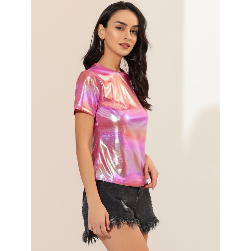 Allegra K Women's Party Metallic Textured Short Sleeve Shiny Multicolor
