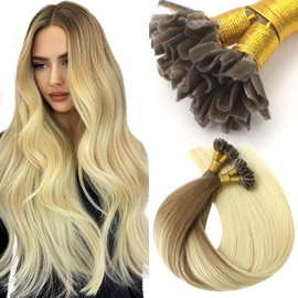 VINBAO U Tips Hair Extensions, Real Human Hair Extensions, 40g 50s Light Brown Ombre to Blonde, Pre Bonded U Tip Hair Extensions, K Tip Hot Fusion Hair Extensions 16inch U Tip #8T60