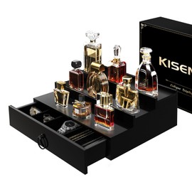 KISENG Cologne Organizer for Men, 3 Tier Cologne Stand with Perfume Organizer Drawer, Perfume Holder with Hidden Compartment, Fragrance Stand Shelf A Great Gift for Man, Black