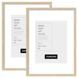 JUNOMI® 2 x Picture Frames DIN A4 Wood Oak Colour Picture Frame with Shatterproof Acrylic Glass and Stand