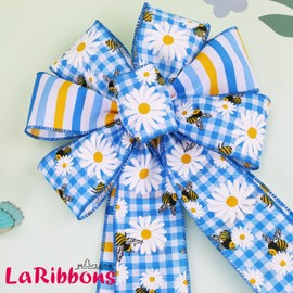 LaRibbons Floral Ribbon Wired 2 Rolls 2.5 Inch x 12 Yards TTL, Blue Daisy Floral and Bee Burlap Ribbon with Plaid and Striped Print for Spring Crafts Gift Wrapping Wreath Bow Decoration