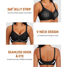 SINFLA V Neck Wireless Bras for Women No Underwire Seamless Bra Full Coverage No Wire Tshirt Bras (Black,Large)