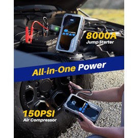 AUTOONE 8000A Jump Starter with Air Compressor (All Gas/12L Diesel), 150PSI Car Jumper Starter Portable, Jump Box Tire Inflator with LED Flashlight, LCD Display, Storage Case