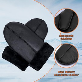 Men Winter Mittens Shearling Sheepskin Fur Lined Leather Mittens,Black,XL