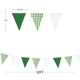 32Ft Green Party Decorations Buffalo Plaid White Green Checkered Fabric Triangle Pennant Banner Flag Gingham Bunting Garland for Birthday Wedding Spring Outdoor Golf Dinosaur Arbor Day Party Decor